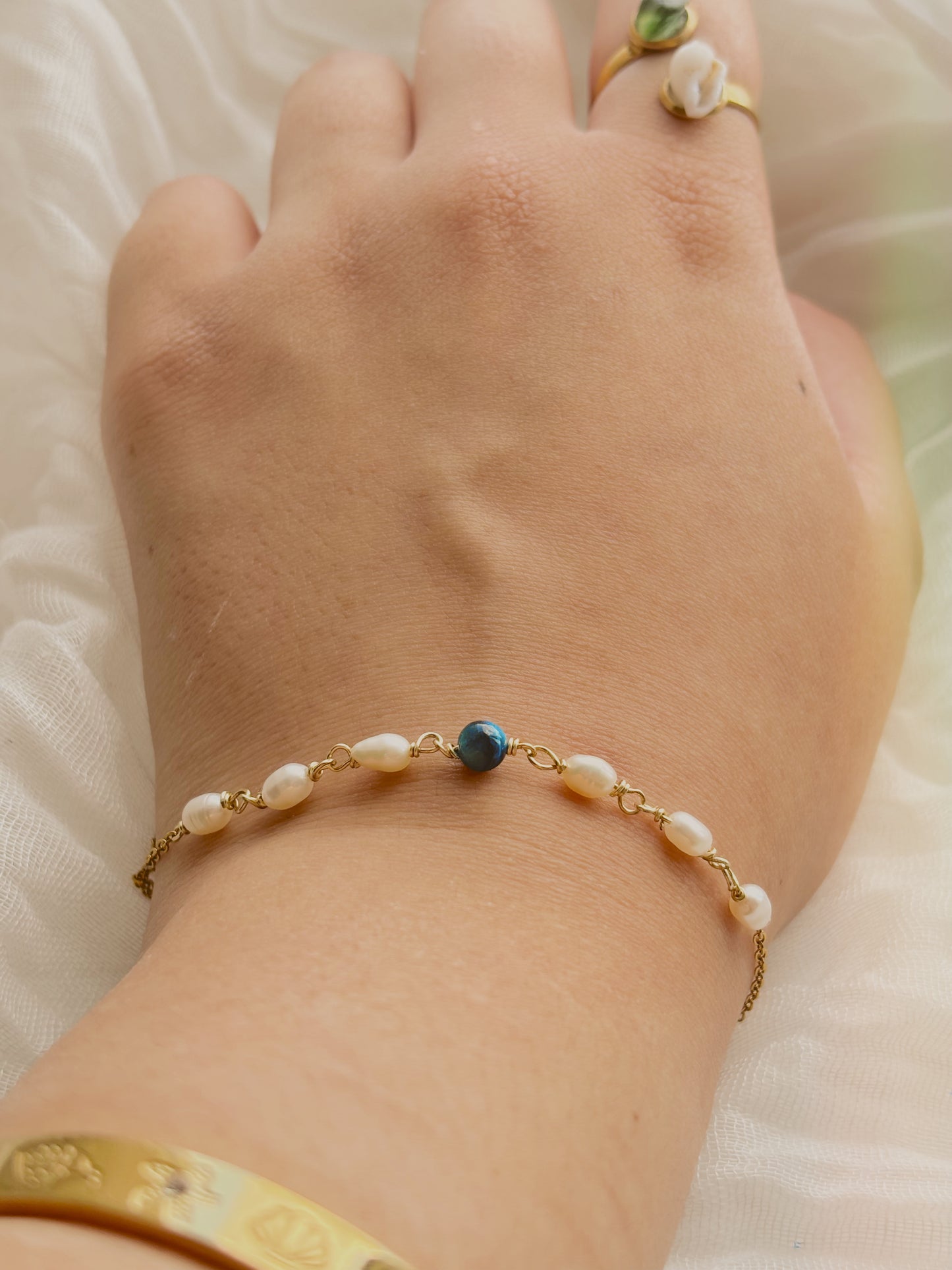 Fresh water pearl bracelet with blue tiger eye - tarnish free - gold & silver - handmade