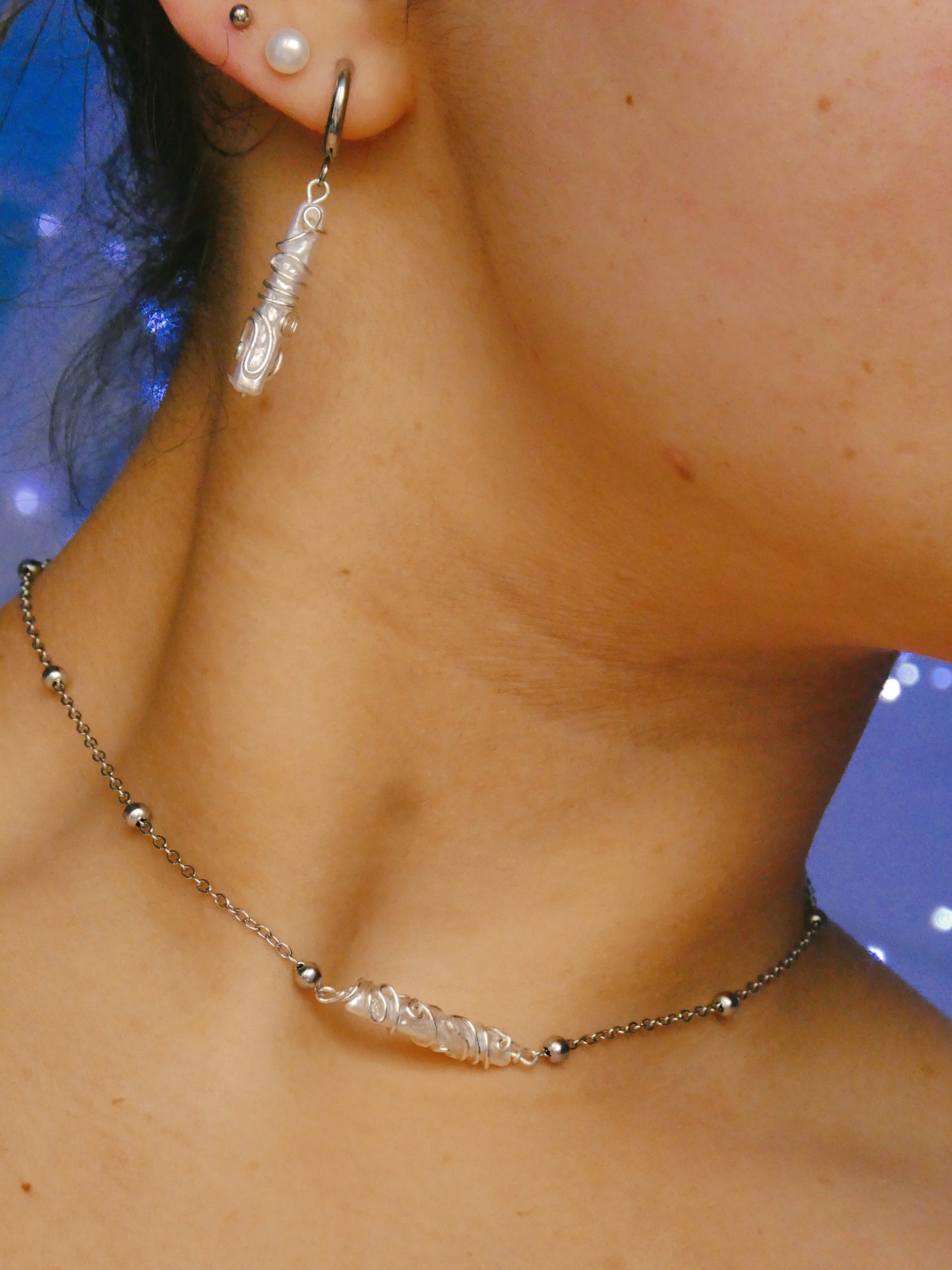 Detailed wire wrapped fresh water pearl necklace & earrings set