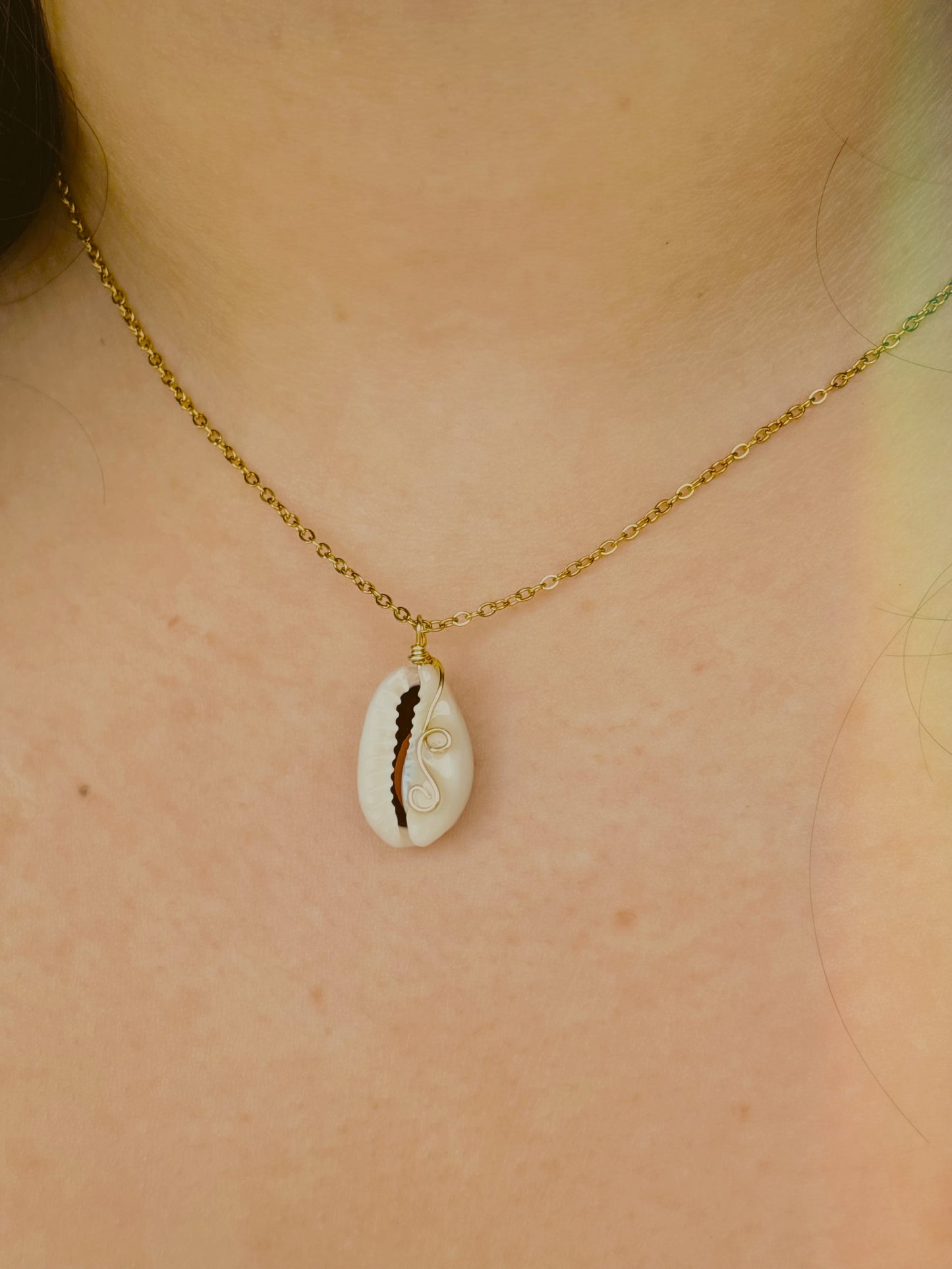 Dainty Cowrie shell necklace with wire detailing  - handmade - tarnish free - gold or silver
