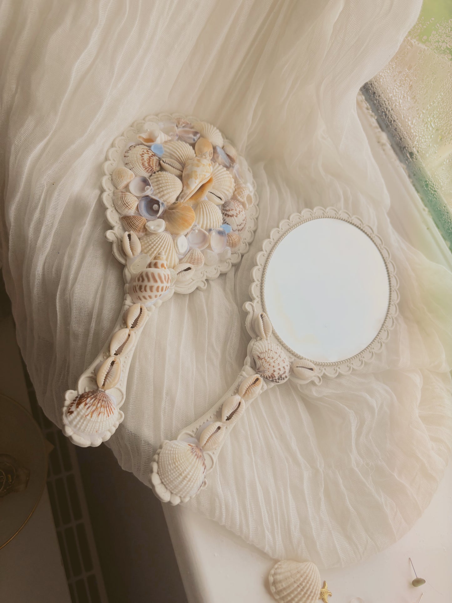 hand held mirror - hand crafted design with shells