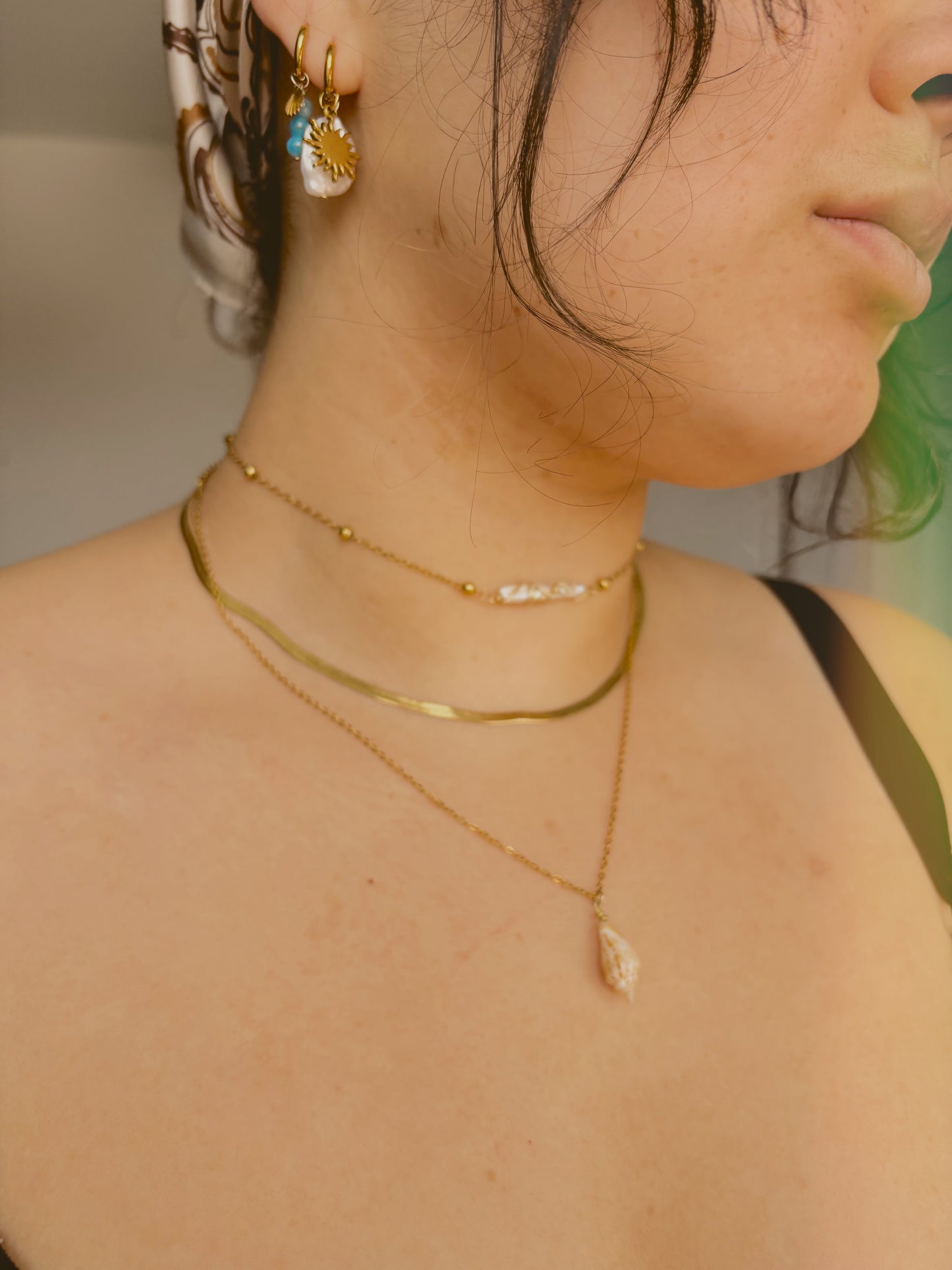 Ocean inspired shell and freshwater pearl necklace set/ stack - tarnish free - handmade - gold or silver - comes with magnetic clasp