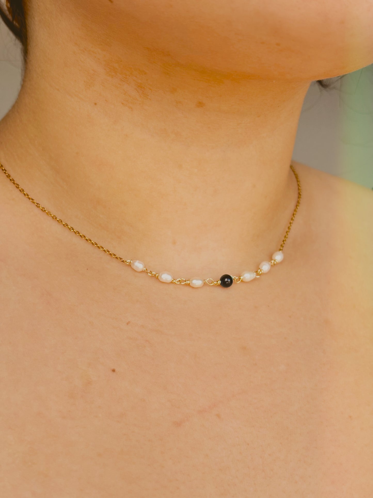 Fresh water pearl Necklace with blue tiger eye - tarnish free - gold & silver - handmade