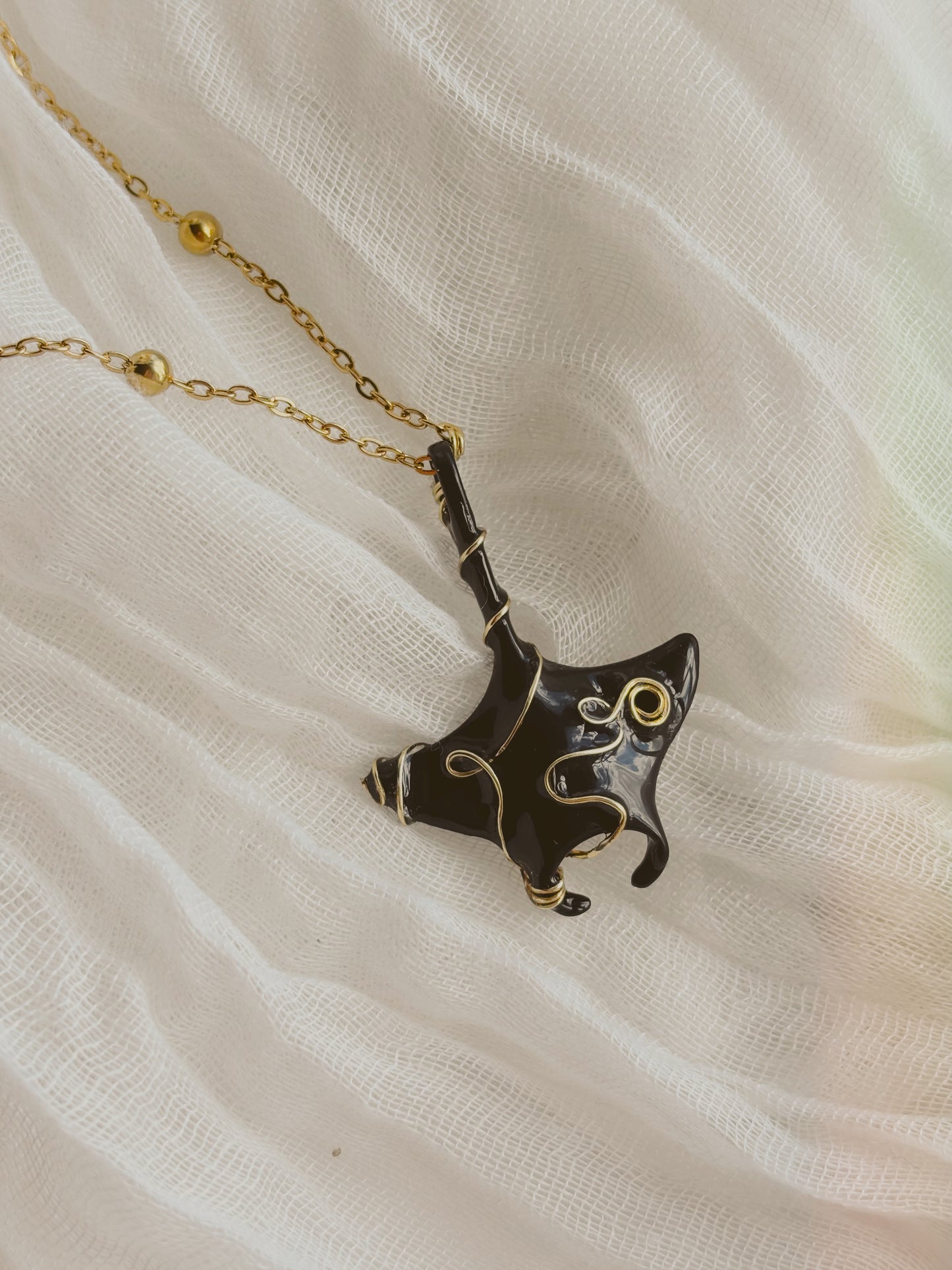 Black manta ray with wire detailing - tarnish free - gold & silver - handmade