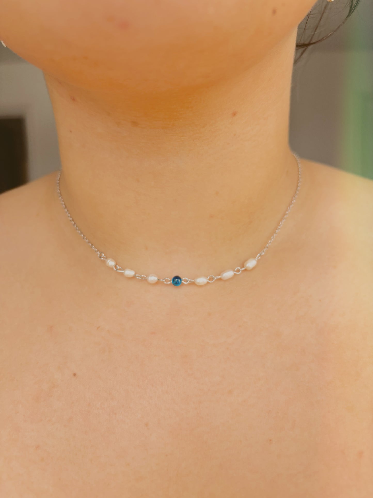 Fresh water pearl Necklace with blue tiger eye - tarnish free - gold & silver - handmade