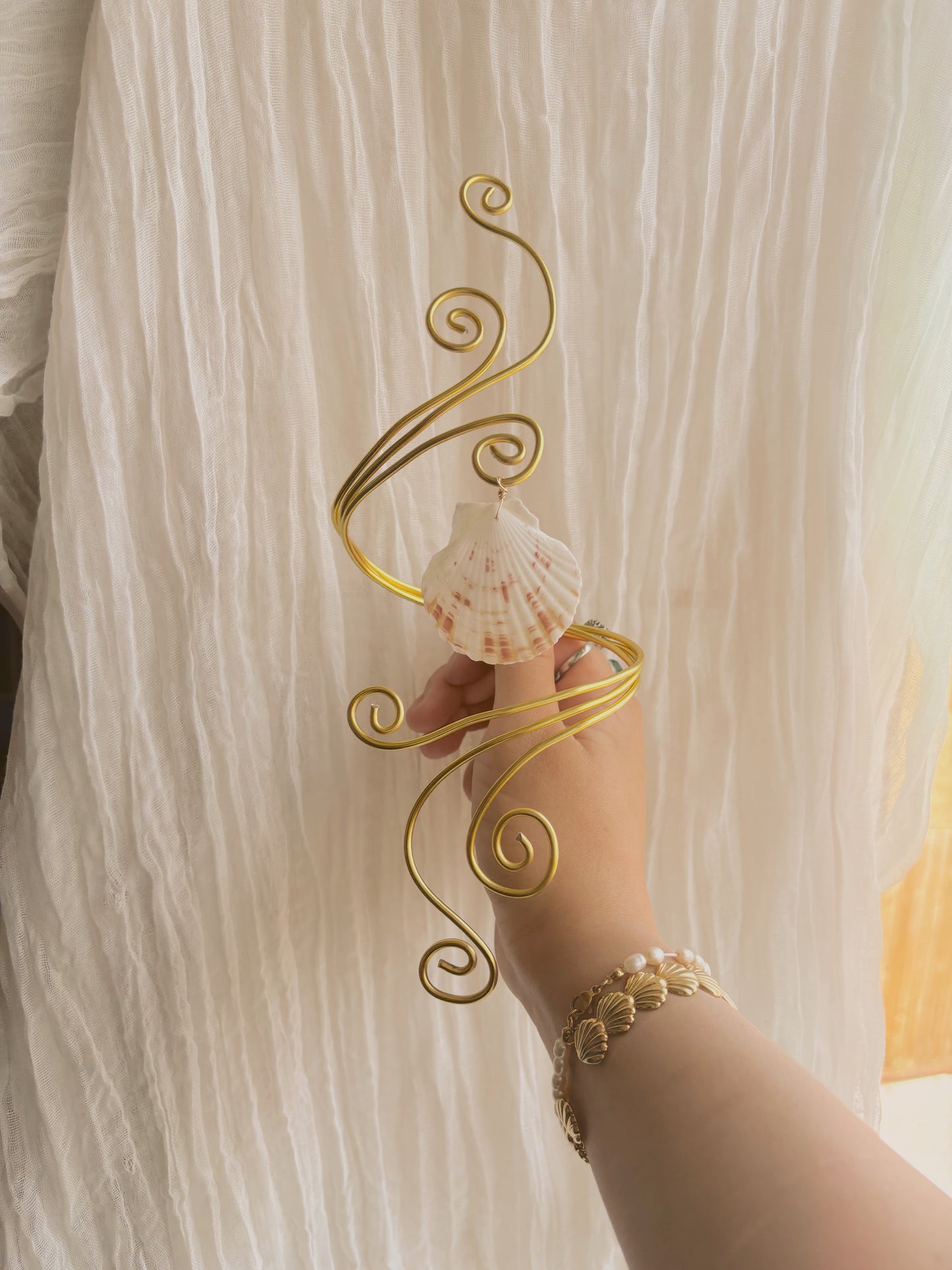 Gold or Silver handmade arm cuff with added shell - adjustable - tarnish free