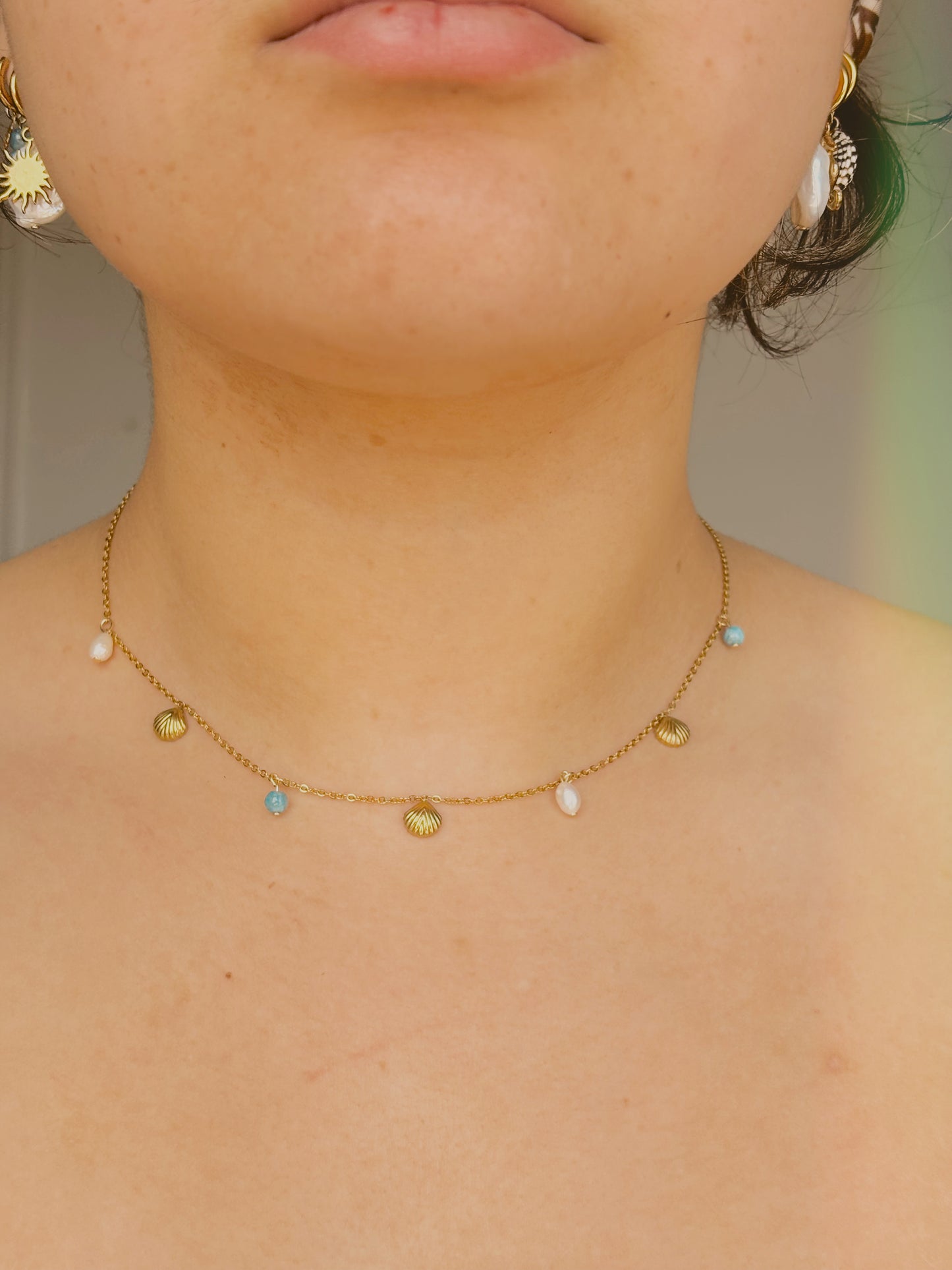 Ocean inspired necklace with shells, freshwater pearls & aquamarine - tarnish free - gold & silver