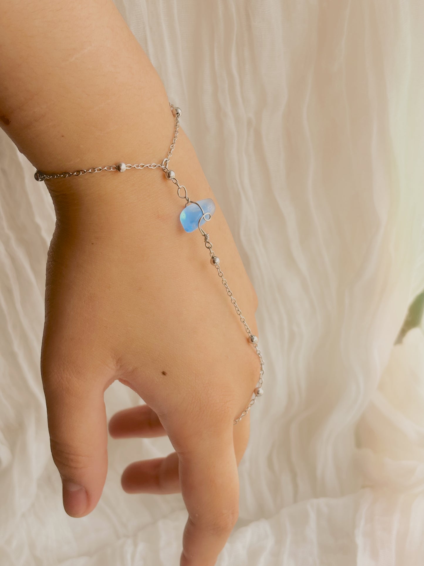 Adjustable customisable sea glass hand chain - handmade - tarnish free - gold or silver