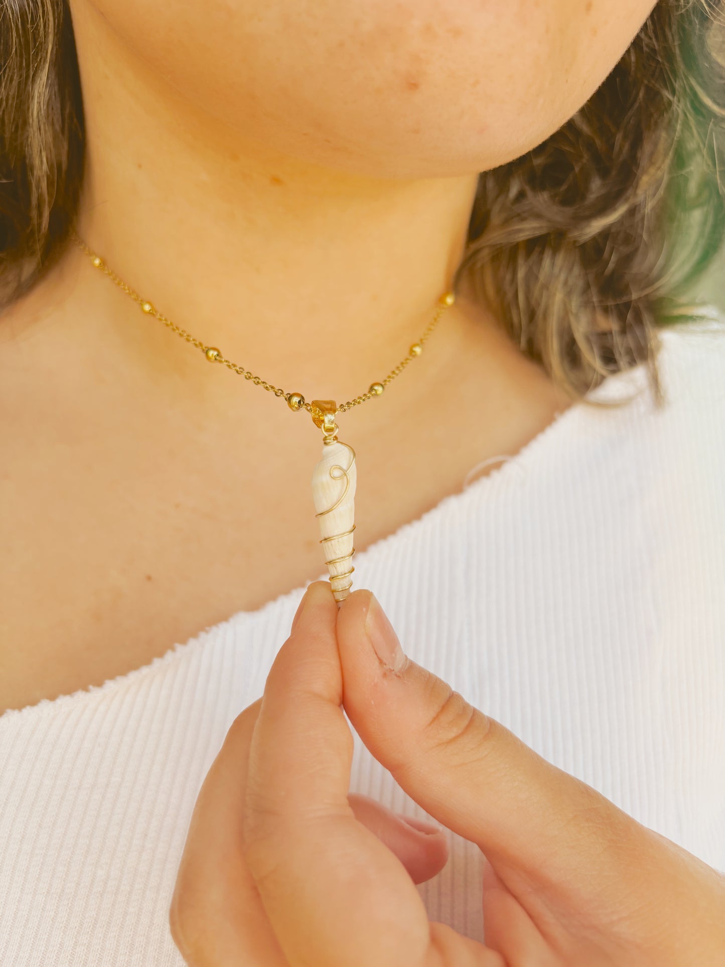 Natural shell necklace with unique wire detailing - tarnish free - silver & gold