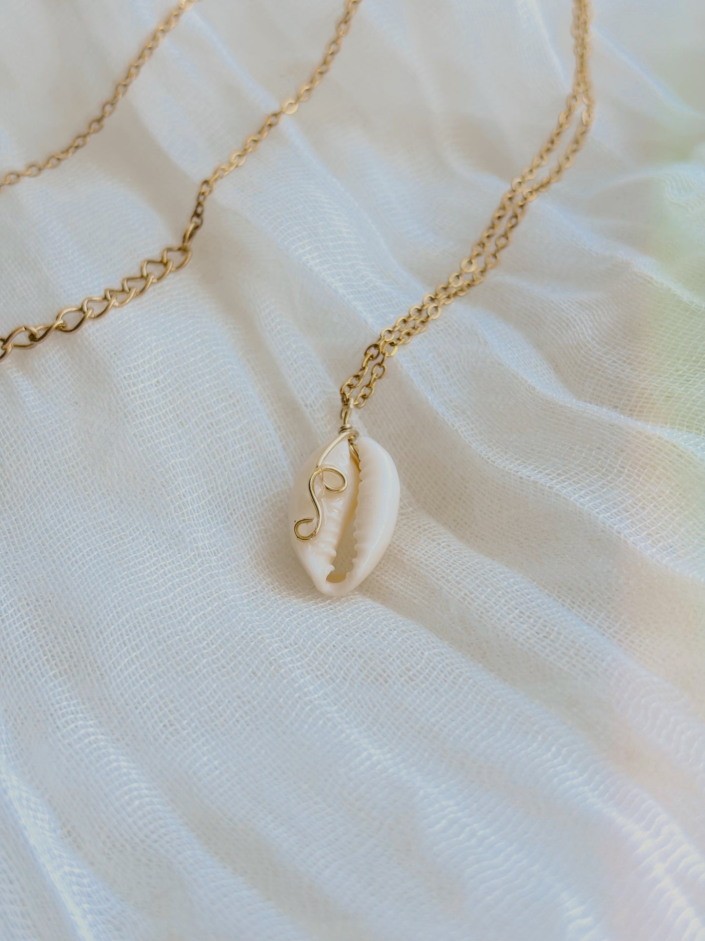 Dainty Cowrie shell necklace with wire detailing  - handmade - tarnish free - gold or silver