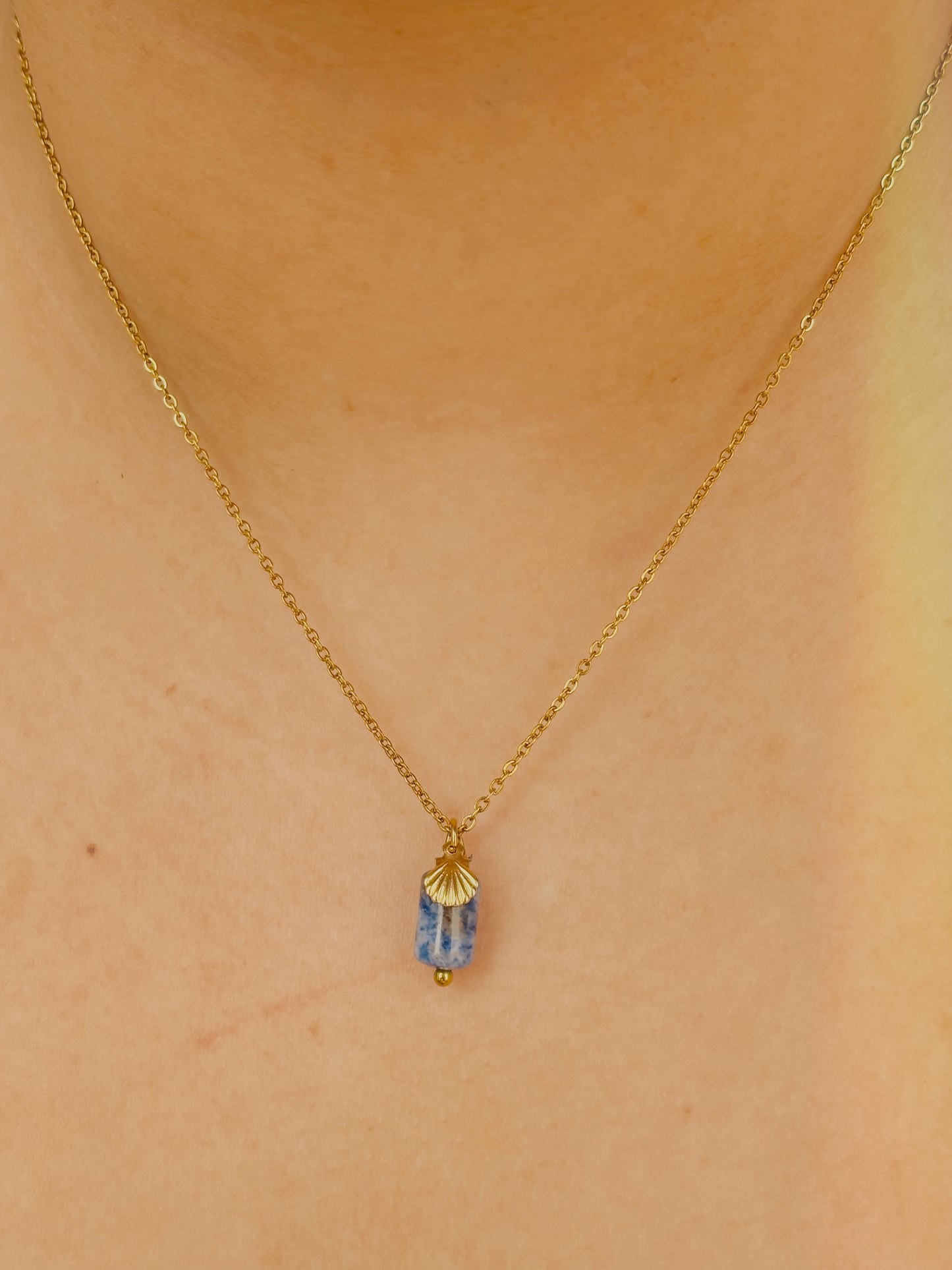 Ocean stone necklace with small shell - tarnish free - gold & silver
