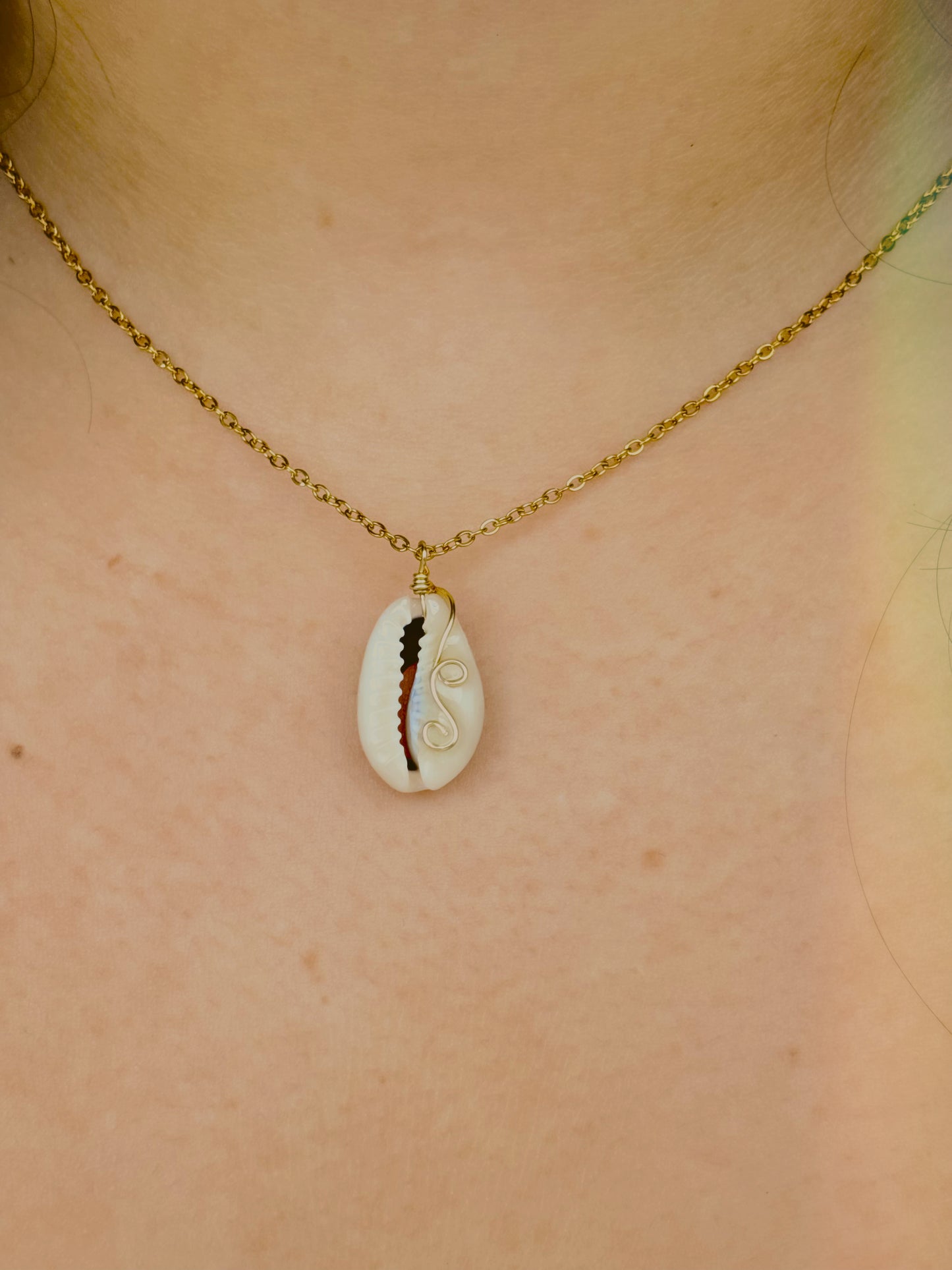 Dainty Cowrie shell necklace with wire detailing  - handmade - tarnish free - gold or silver