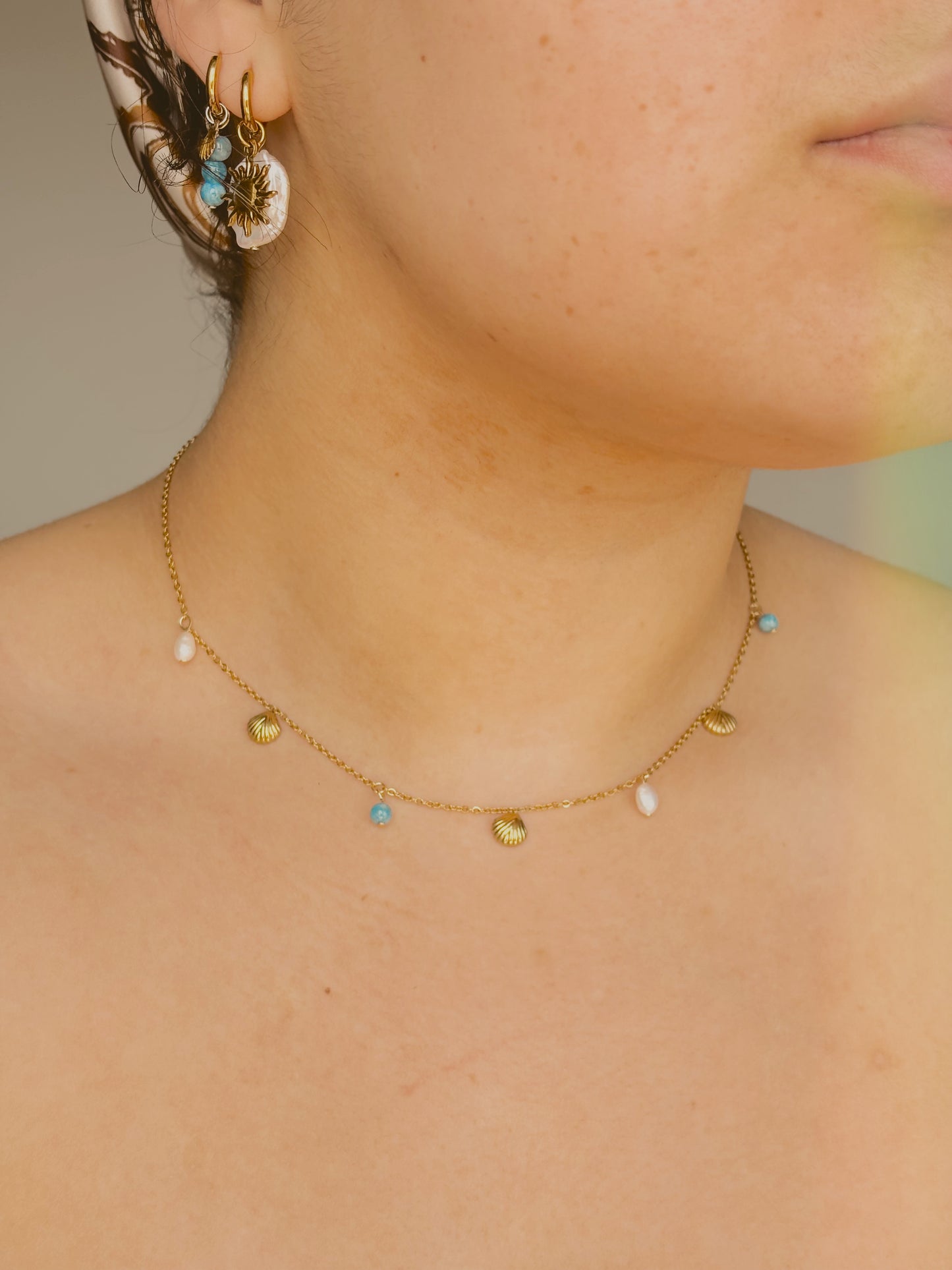 Ocean inspired necklace with shells, freshwater pearls & aquamarine - tarnish free - gold & silver