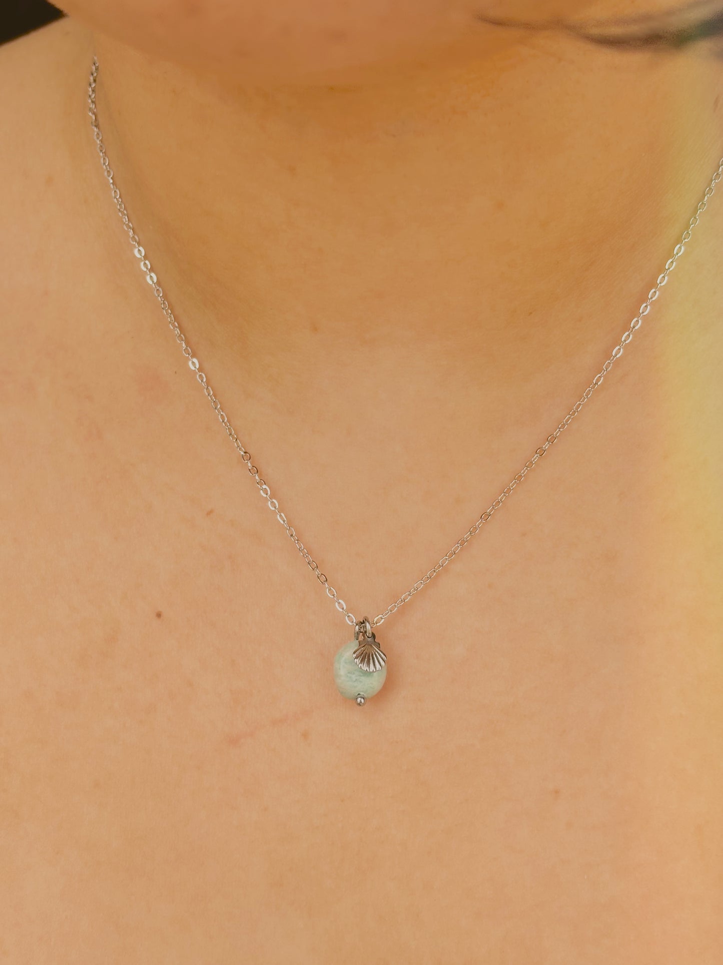 Ocean stone necklace with small shell - tarnish free - gold & silver