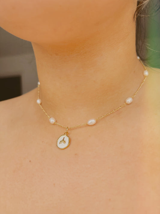 18k gold plated Fresh water pearl necklace with surprise ocean inspired coin
